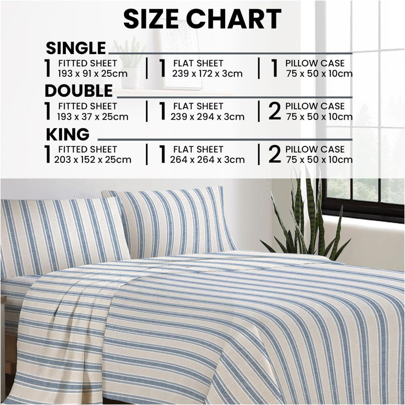100% Cotton Standard Sheet Set, Double (239 x 294cm), Striped, Grey