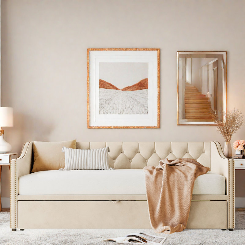 Lit de jour rembourré avec lit gigogne, Beige