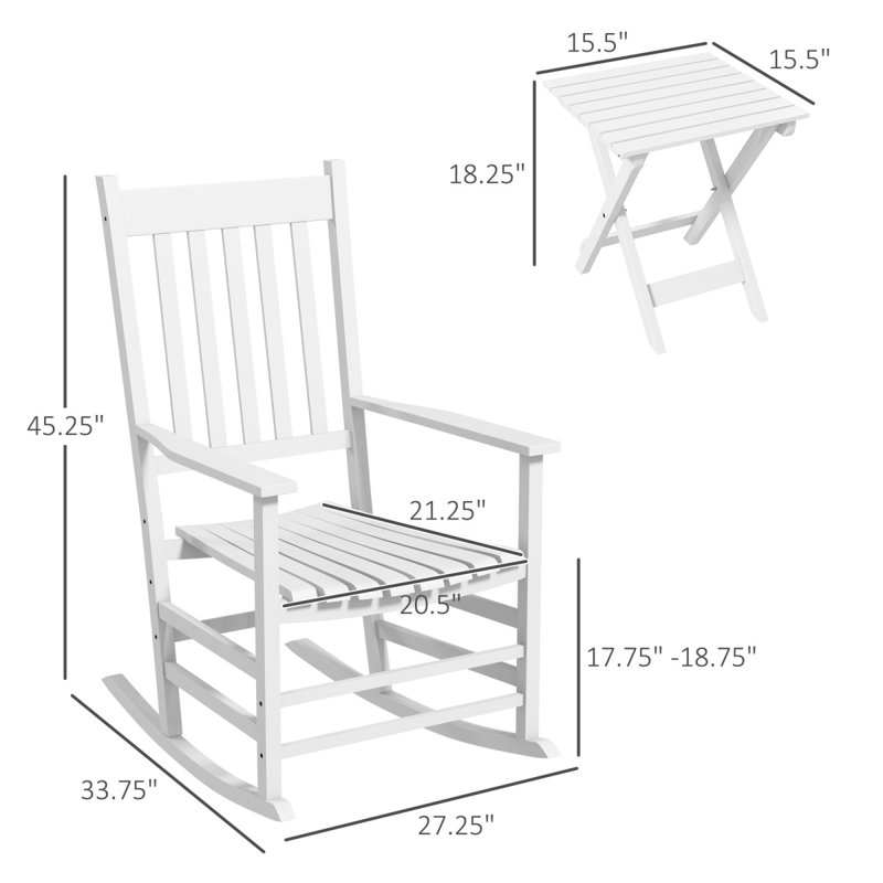 Outsunny Outdoor Rocking Chair Set Of 2 With Side Table, Patio Wooden Rocking Chair With Smooth Armrests, High Back For Garden, Balcony, Porch, Supports Up To 352 Lbs., White