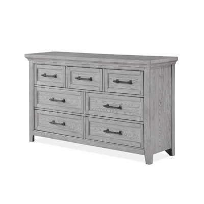 Ensemble de commode et miroir Bix, 7 tiroirs, poignées bronze, gris clair