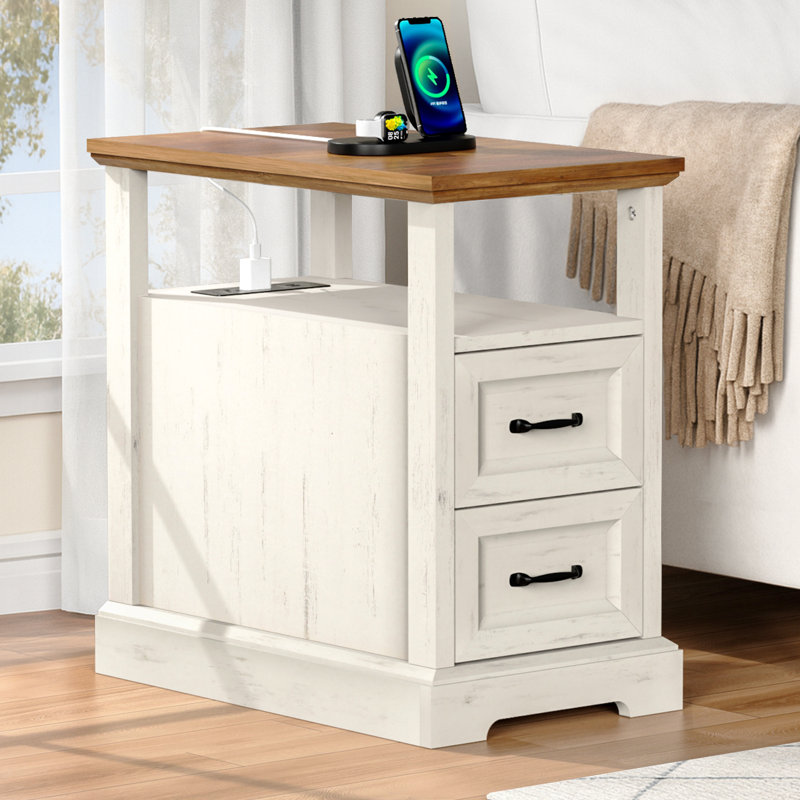 2-Drawer Farmhouse End Table With Built-In Outlets, Natural/Rustic White