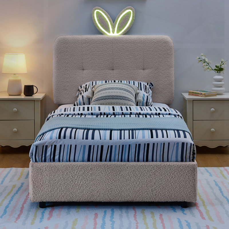 Lit simple tapissier avec tête de lit surdimensionnée, lumière DEL et 4 tiroirs de rangement; Ensemble de lattes, tissu bouclé