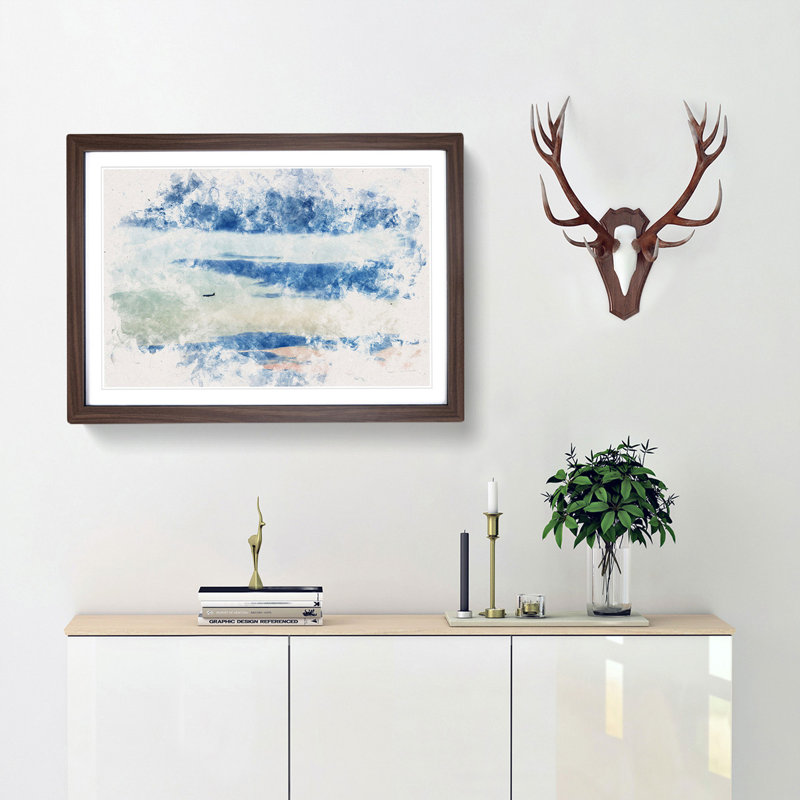 Airplane Through the Clouds Watercolour - Picture Frame Graphic Art Print, 62cm H x 87cm W x 2cm D, Walnut Framed