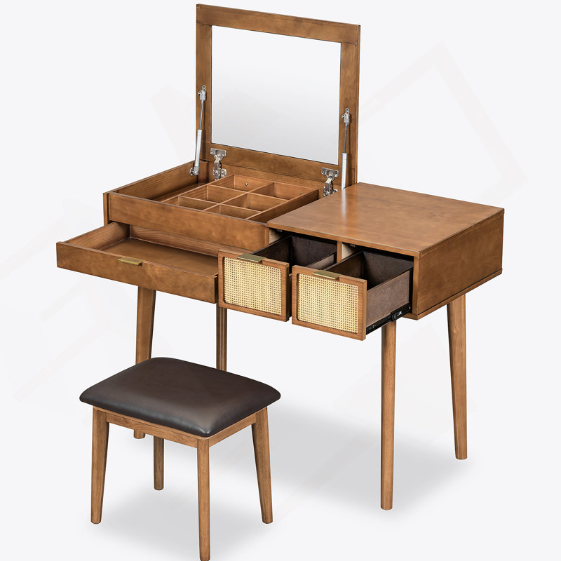 Ensemble de coiffeuse classique en bois avec miroir rabattable et tabouret pour la chambre à coucher