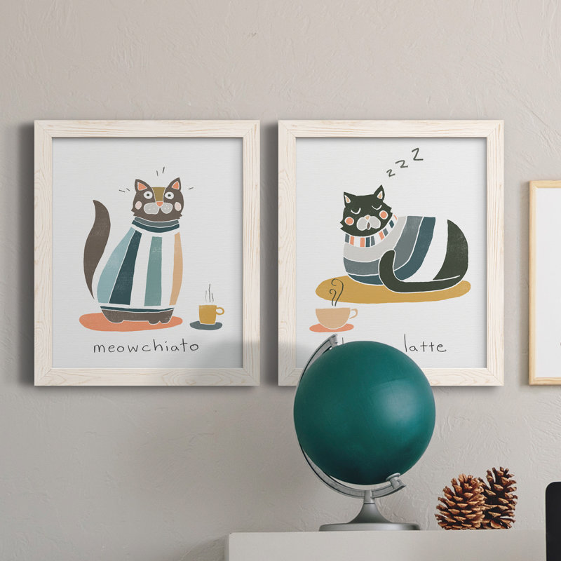 Coffee Cats I - ensemble de 2 reproductions d'art textuel sur toile, Toile blanche encadrée, H 20 po x l 17 po x P 1 po