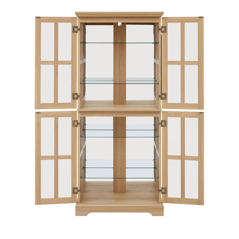 Curio Display Cabinet,Antique Display Cabinet With Glass Doors Adjustable Shelves For Collectibles Four Door Design Vintage Showcase For Home Or Office Antique Display Case E26 Bulb Included  OAK