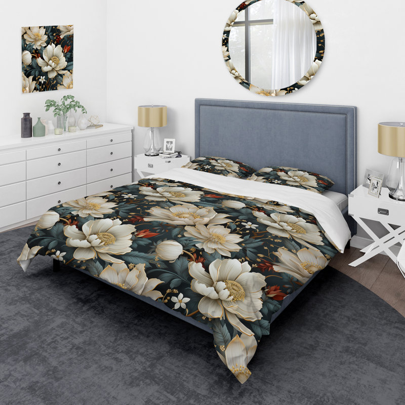Ensemble de housse de couette White Peony Paradise I, Housse de couette simple + 1 taie décorative stan