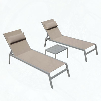 Patio Chaise Lounge Set of 3 with 5 Adjustable Positions and Side Table