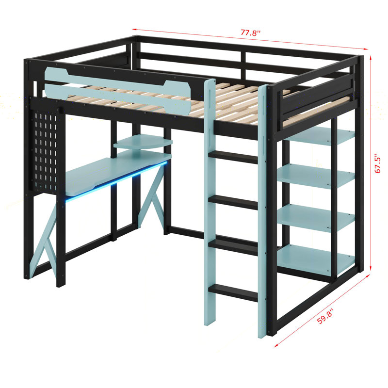 Full Size Wood Loft Bed With LED, Desk And Shelves, Wood Gaming Loft Bed, Black/Blue