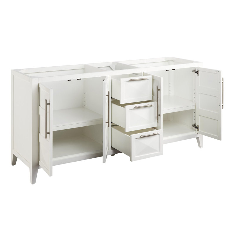 72" Holmesdale Vanity with Undermount Sinks, Bright White, Satin Nickel, Feathered White Quartz