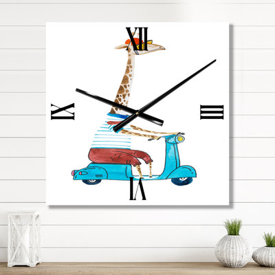 Giraffe Dressed up Wearing Helmet & Riding Scooter - Children's Art Wall Clock