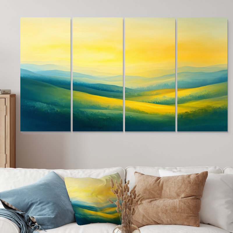 «Countryside Rolling Hills At Dawn II» - Art mural campagne - Art mural sur toile, H 32 po x l 64 po, 4