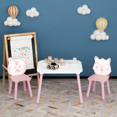 Kids Table and Chair Set, 3-Piece Wooden Toddler Desk with Animal Backrest, Activity Table for Drawing, Learning,Playroom or Nursery(Pink&White)