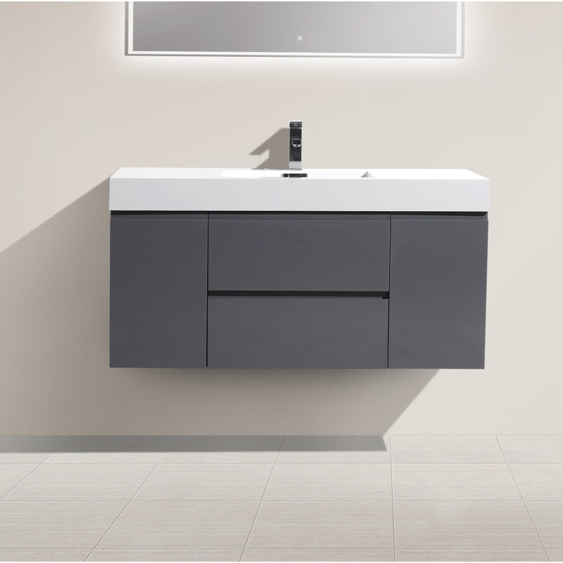 Base de meuble-lavabo simple 47 po mural seulement, Gris à haute brillance