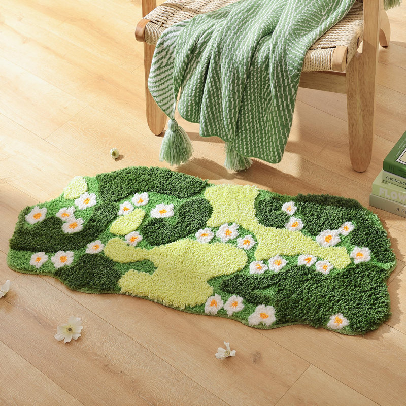 Bathroom Rugs Green Bath Mat, Cute Moss Rug With Small White Flowers, Non Slip Door Mat For Bedroom And Kitchen, Soft Washable Floral Bath Rugs (43x20 Inch)
