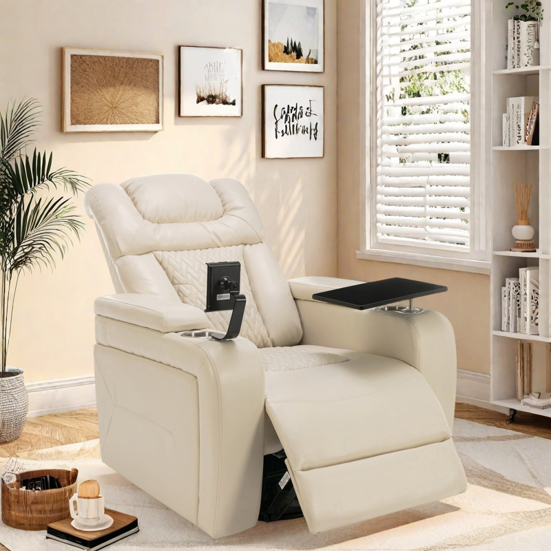 Power Recliner Chair With Side Control Buttons, Usb Port, Tray Table, Cup Holders, Rocking And 270° Swivel, Phone Holder, Pu Leather Recliner With Sturdy Frame And Footrest