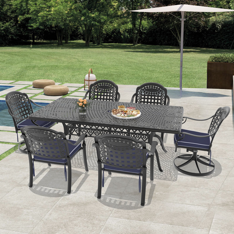 6-Person Rectangular Cast Aluminum Patio Dining Set with 2 Swivel Chairs & Cushions & Umbrella Hole