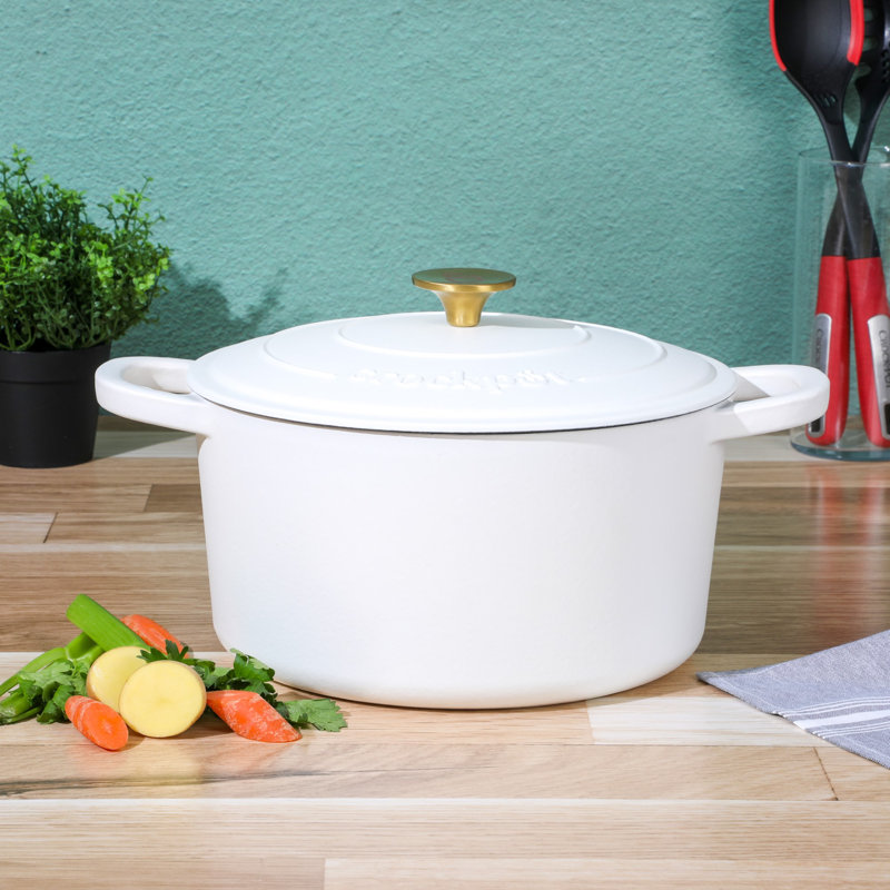 Cocotte ronde artisanale en fonte antiadhésive Crock-pot, 7 pte, Blanc / Doré