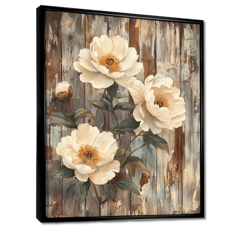 Pe pivoines par la porte de grange III - pivoines, reproduction d'art sur toile encadrée, H 40 po x l 30 po, Noir