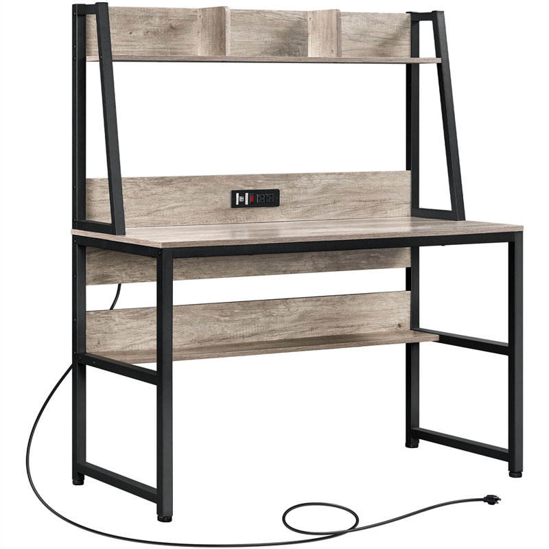 Metal Base Writing Desk with Power Outlet, Gray