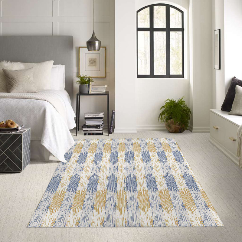 Tapis intérieur / extérieur rectangulaire en polyester tissé à la machine beige / bleu / blanc, Rectangle 5 pi x 7 pi