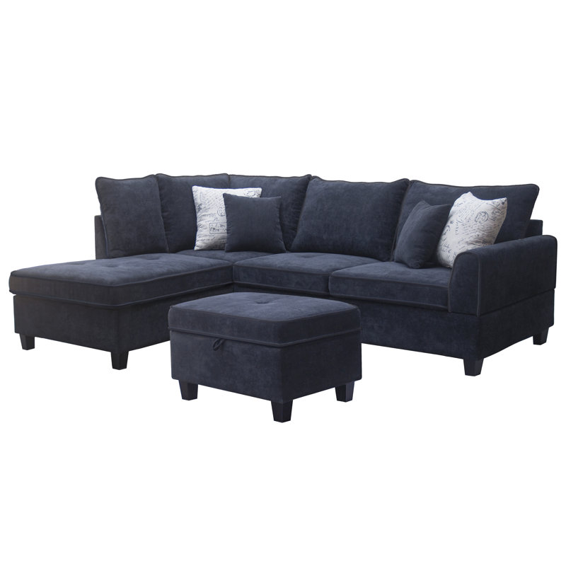 99.5"W Black Fabric Sectional Sofa With Left-Facing Chaise And Storage Ottoman, Black Fabric