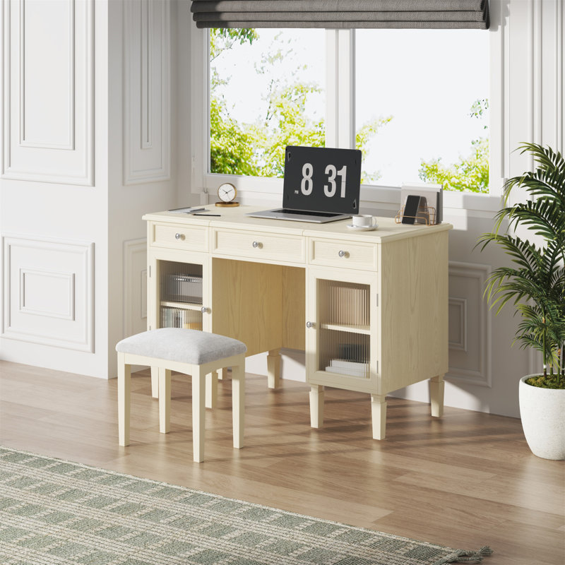 Bureau de coiffeuse 2 en 1 avec miroir rabattable, coiffeuse avec tiroir et armoire, bureau d'ordinateur multifonctionnel pour bureau, vestiaire, chambre à coucher, salon