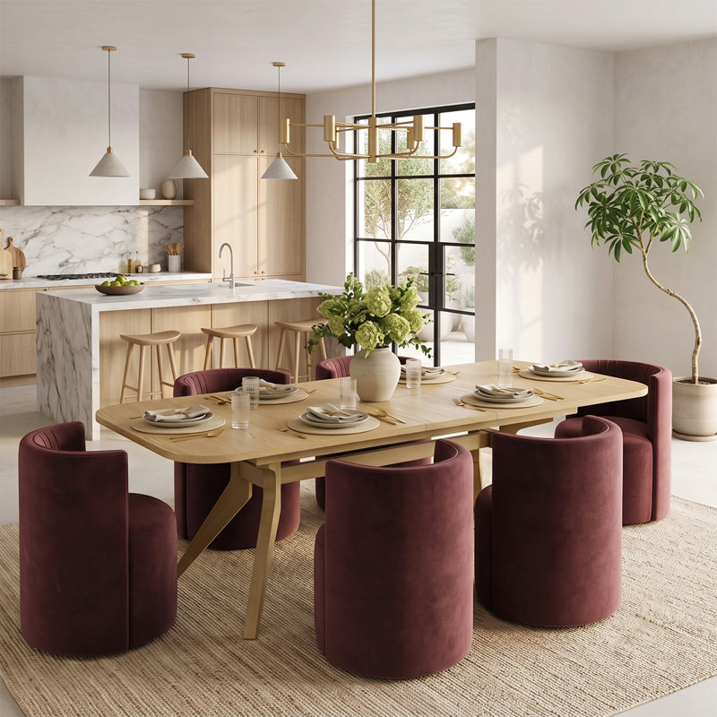 Ensemble de table de salle à manger extensible en placage de bois de 78" à 96" avec 6 chaises en velours et roulettes dissimulées