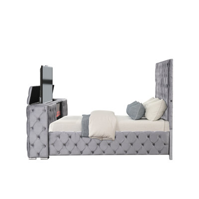 King Bed In Gray, Modern Design With Electric Fireplace And Tv Storage For Bedroom