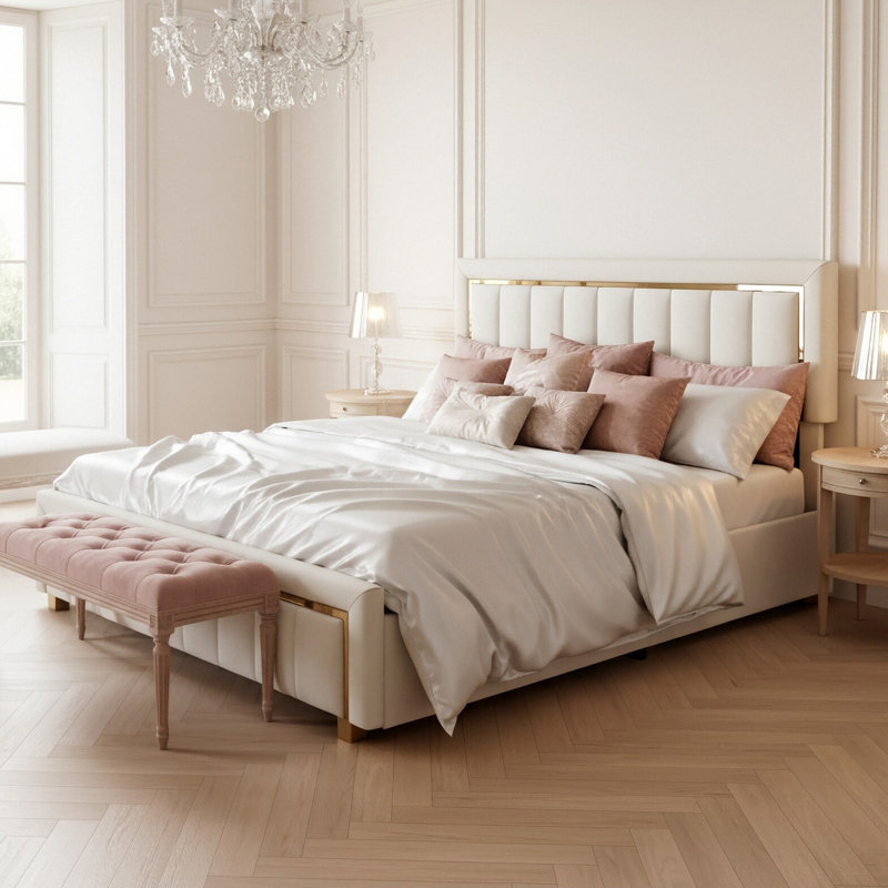 Velvet Ottoman Bed, Glam Upholstered Storage Frame With Trim, Beige,  European Double (140 x 200 cm)