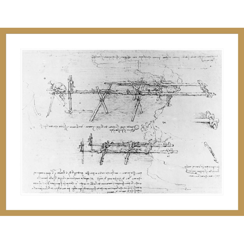 Construction d'un pont d'échafaudage 16v-a from the Codex Atlanticus 1478-1519 (pen & amp; encre sur papier) par Leonardo Da Vinci, impression giclée encadrée