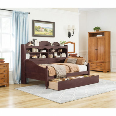 Twin Daybed With Storage Drawers, Wooden Twin Day Bed With Storage Headboard Shelving, Retro Style Daybed For Bedroom,Living Room,Guest Room,No Box Spring Needed, Easy Assembly,Espresso