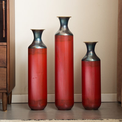 Artisanal Fire-Finished Metal Vases Set of 3