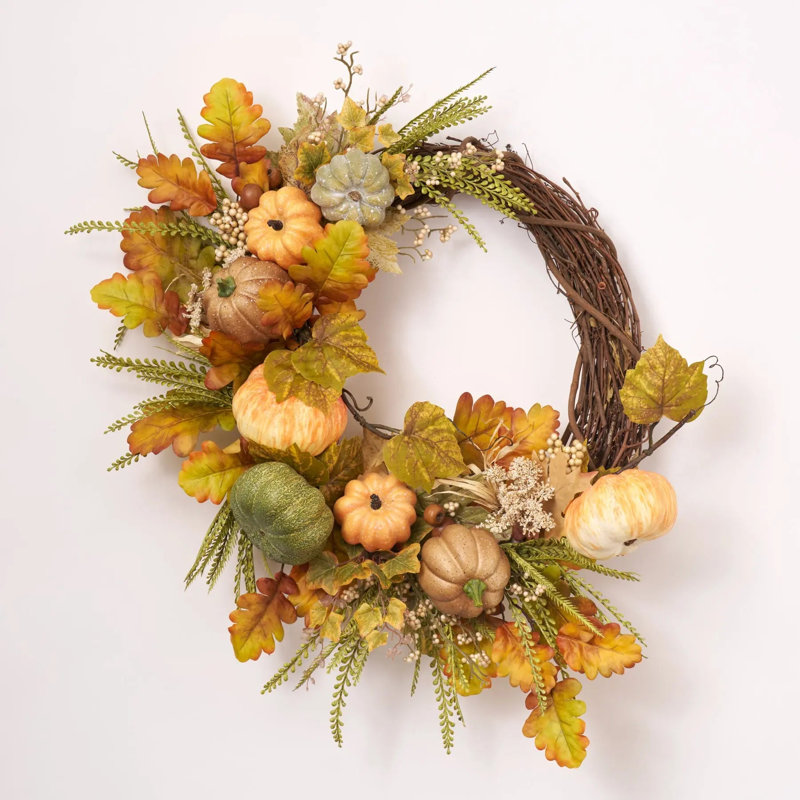 Couronne de porte sauge, orange et brune avec feuille de chêne et herbe de chou frisé