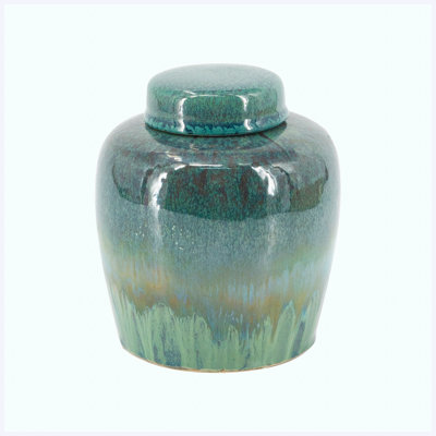 5.2" x 6" Round Ceramic Lidded Jar with Blue Reactive Glaze & Subtle Ridges, Decorative Storage Jar