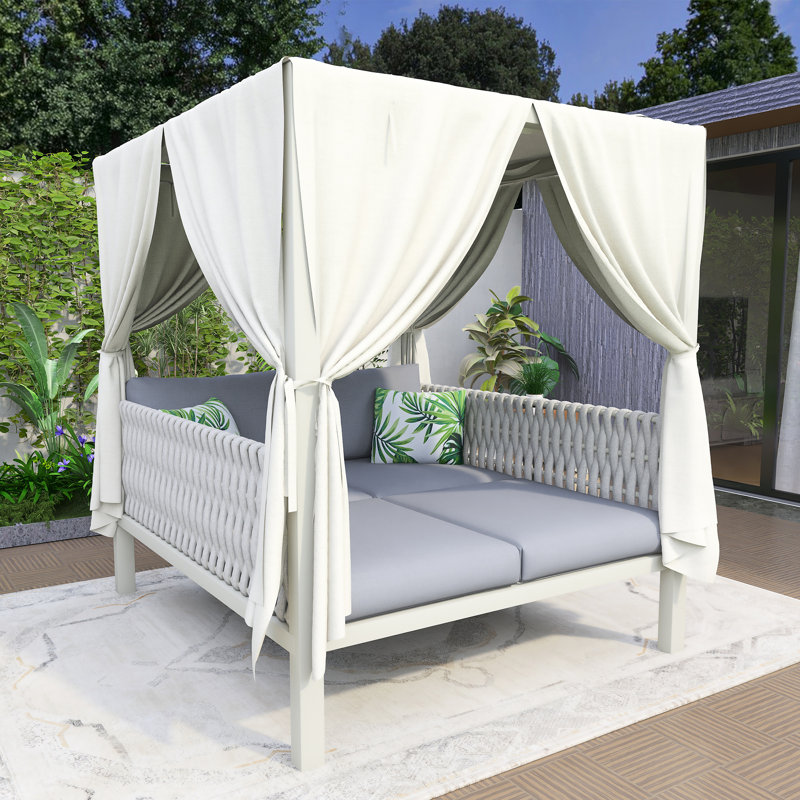 Outdoor Patio Sunbed With Curtains, Gray