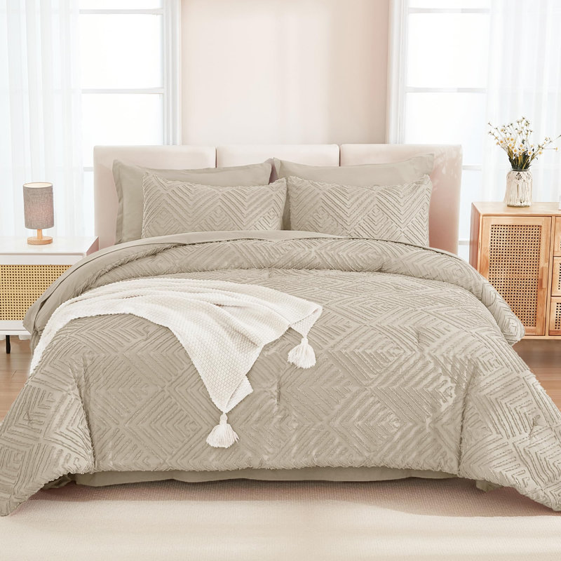 Andency Queen Size Comforter Set 7 Piece Oatmeal - Bed in a Bag Queen Boho Lightweight Fluffy Tufted Bedding Sets with Comforter, Sheets, Pillowcases & Shams