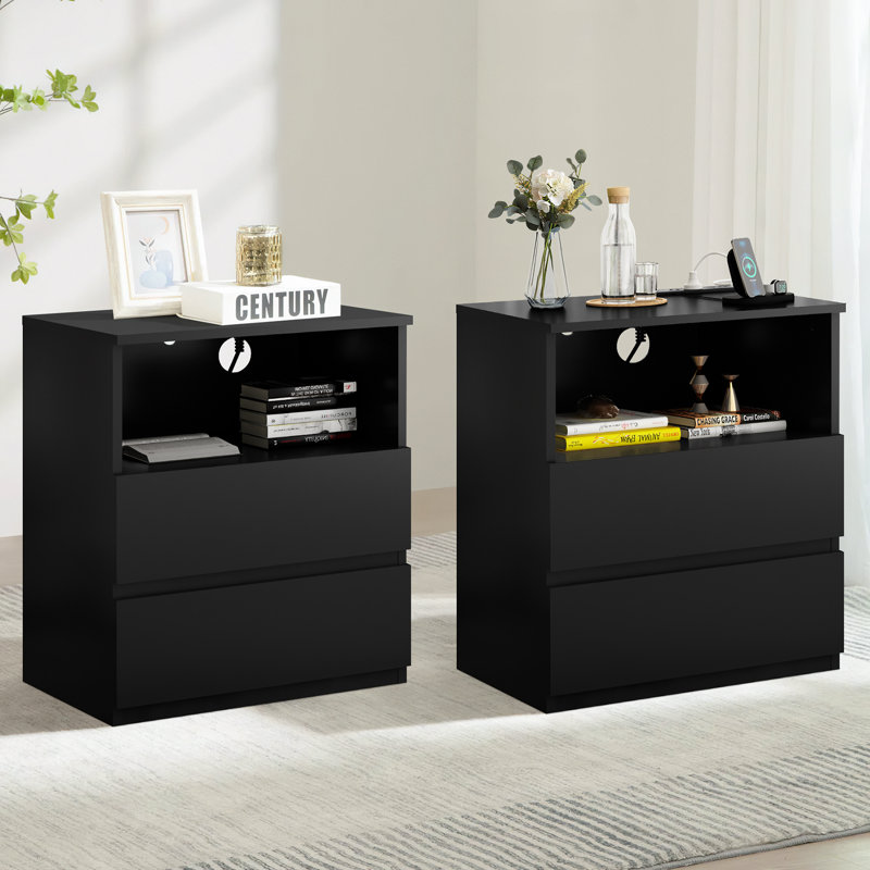 Nightstand Set with 2 Drawer and Built-in Outlets, Black