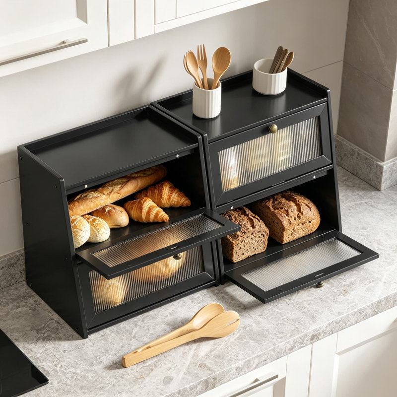 Double boîte à pain en bambou double pour comptoir de cuisine, bac de rangement en bois avec fenêtre ondulée en acrylique et pince