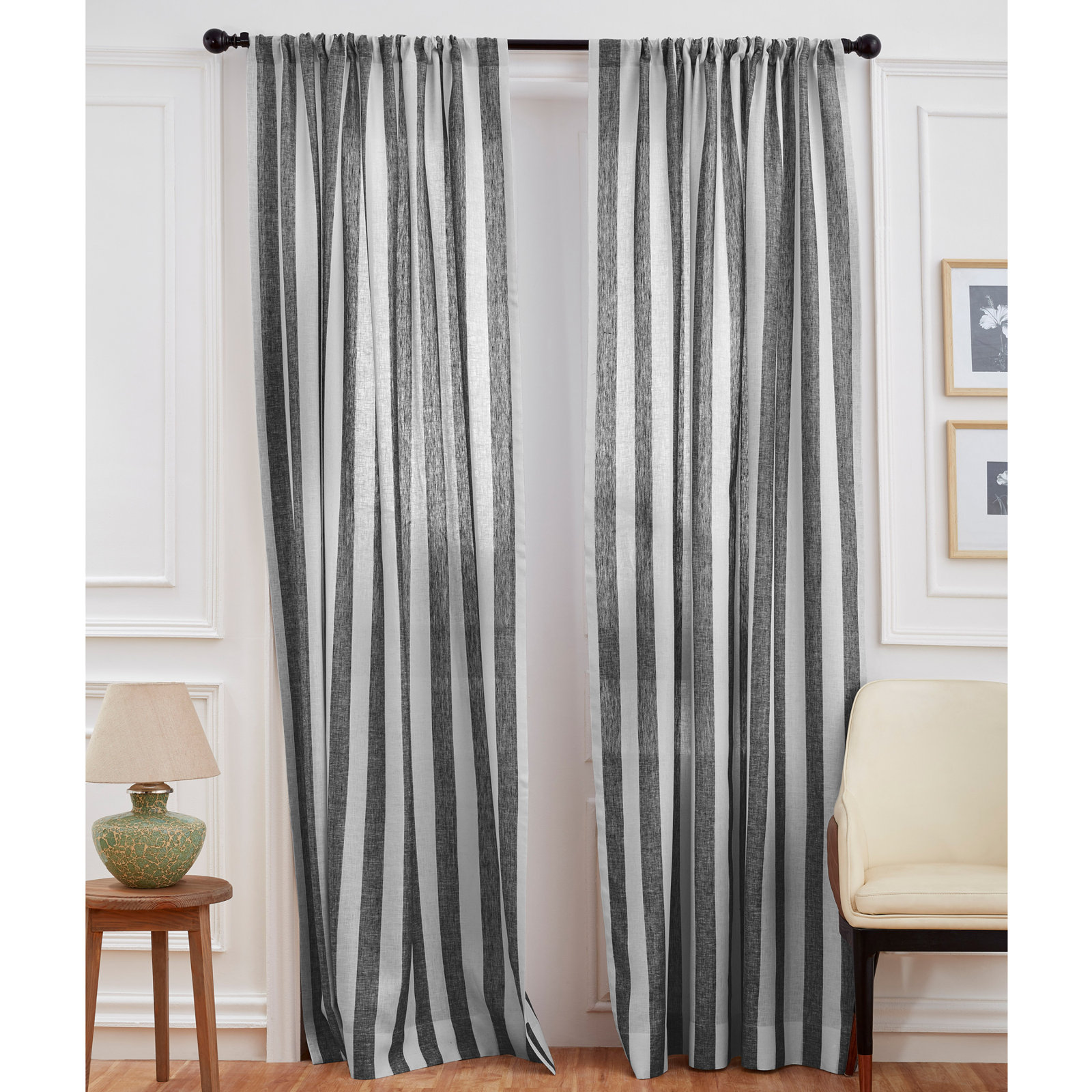 Striped Pure Linen Semi-Sheer Curtain Panel, Black and White, 52" W x 96" L