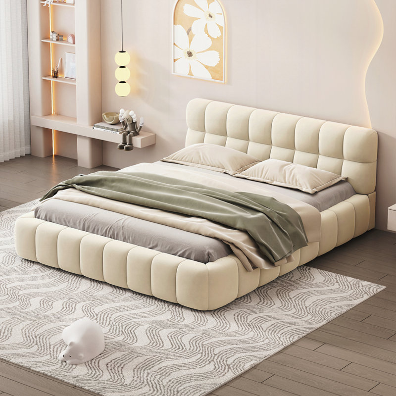 Lit plateforme tapissier avec tissu épais, Beige