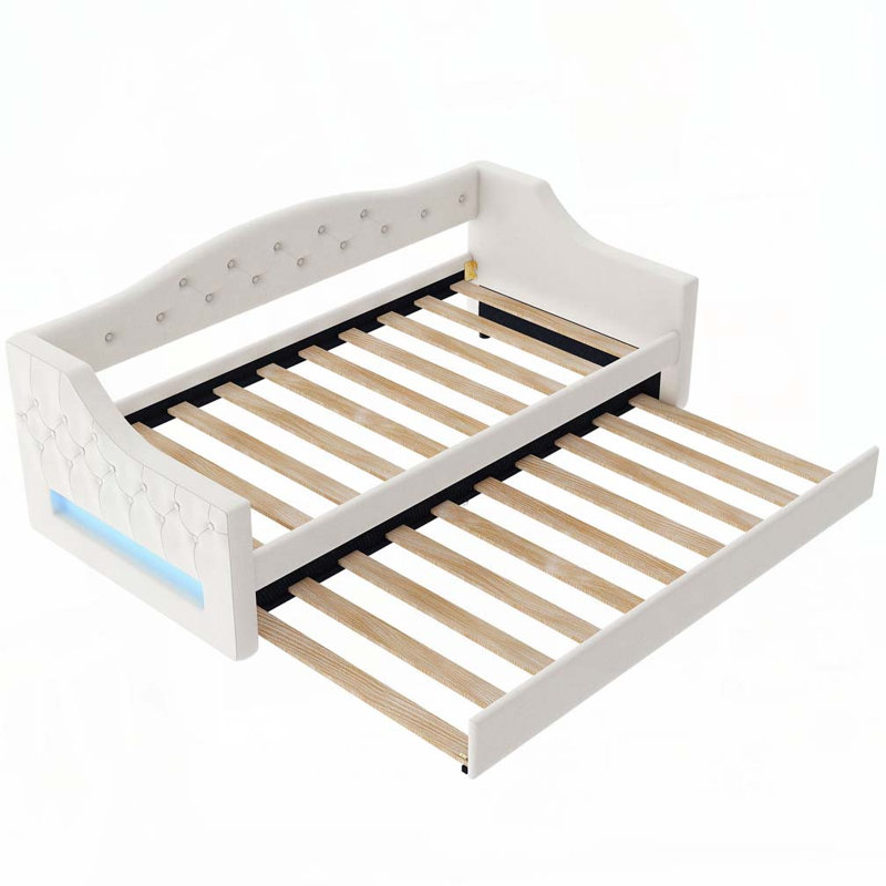 Upholstered Daybed with LED Belt and Trundle, Beige