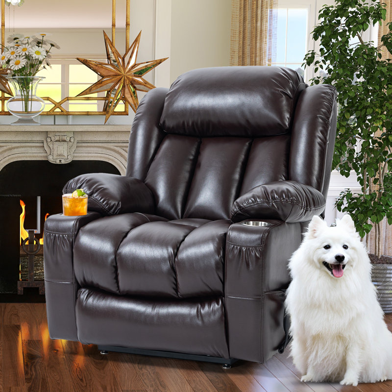 Vayun 39.37" W Oversize Faux Leather Recliner, Flat Lay, Liftable, Massage, Heater, Cup Holders, Brown