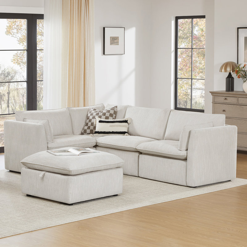 Modular Power Sectional With Ottoman, Light Gray Polyester