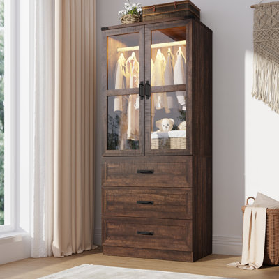 Farmhouse 75"H Glass Door Armoire Wardrobe Closet With LED Light, Freestanding Closet Wardrobe Cabinet For Bedroom With Hanging Rod And 3 Drawers