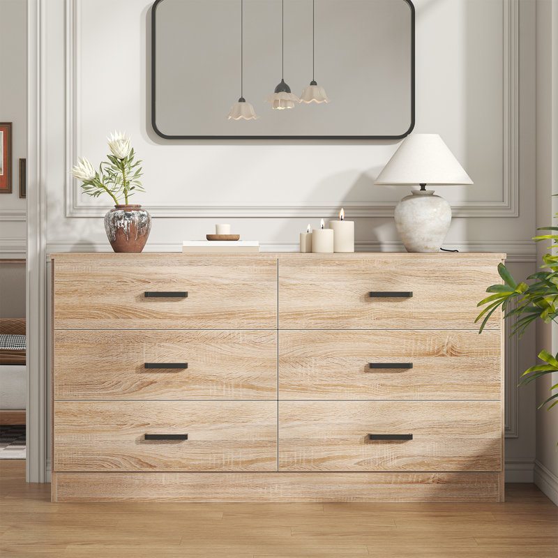 Commode double 6 tiroirs, commode de 47,3 po de largeur avec poignées en métal, armoire de rangement pour chambre à coucher