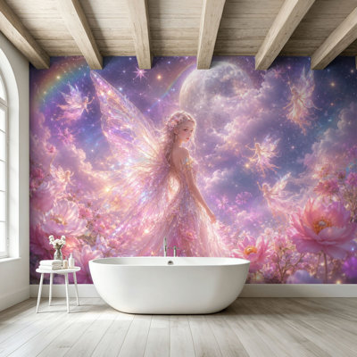 Peel and Stick Wallpaper Wall Mural Fantasy Fairy Princess Iridescent Butterfly Wings Pink Flower Garden Wall Art Self Adhesive and Removable