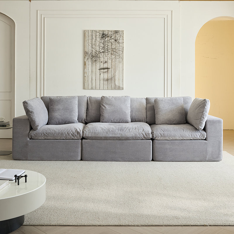 Goudy Compression Sectional Sofa with Back Cushions & Pillows, Light Gray Fabric