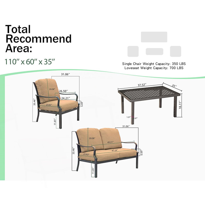 Ensemble de conversation d'extérieur 4 pièces pour patio, table de salle à manger en métal et chaises avec coussins beiges amovibles