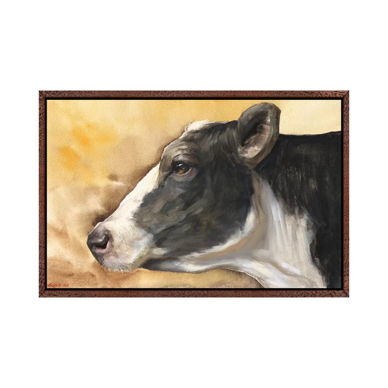 Cow With Background by George Dyachenko - Painting on Canvas, 101.6cm H x 152.4cm W x 3.81cm D, Classic Brown Wood Framed